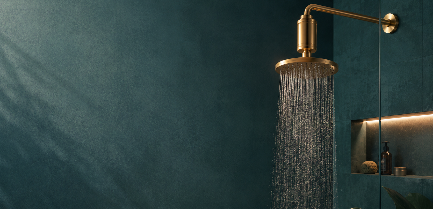A modern wall-mounted rain shower head in brushed brass, shown with water flowing from the nozzle against a dark teal bathroom wall.
